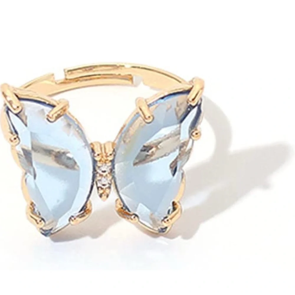 Pretty BLUE Butterfly Gemstone Fashion Ring, Gold, Adjustable